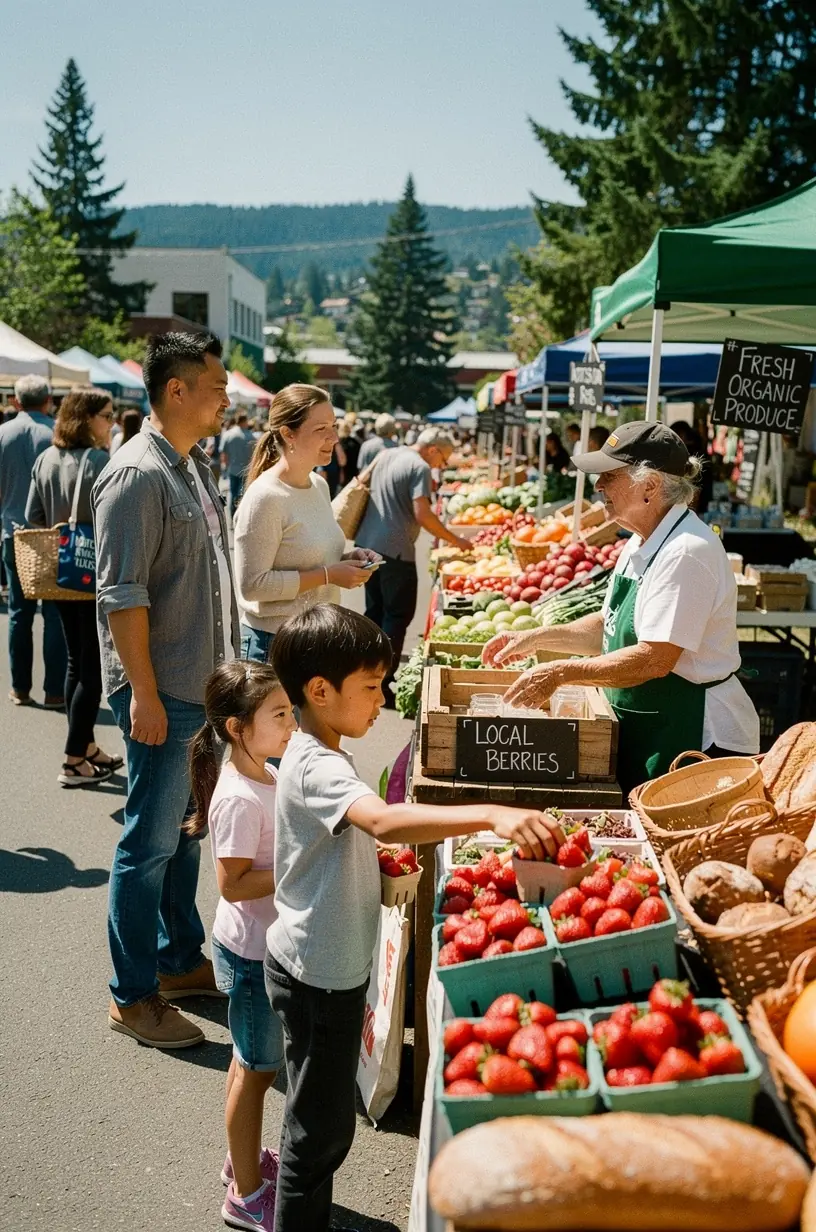 Historic coastal town streets lined with shops and cafes, showcasing Pacific Northwest charm.